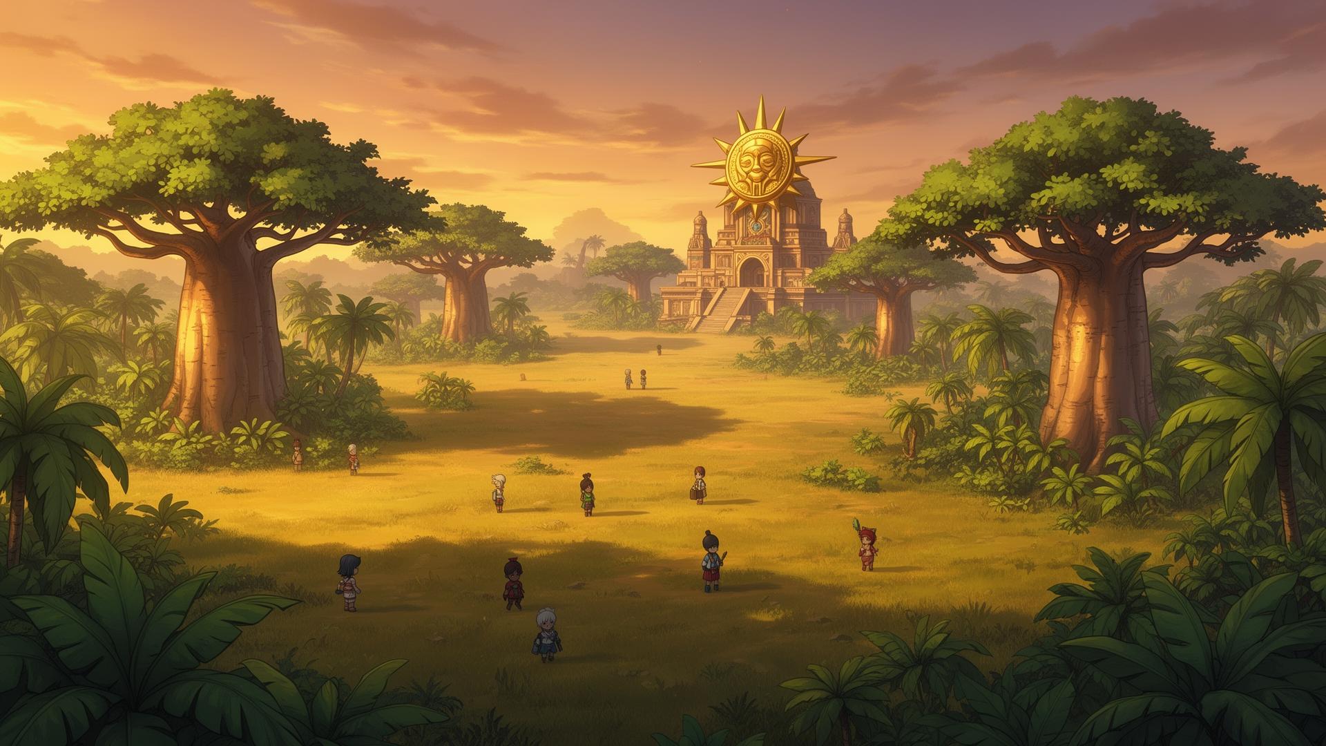 The mythic savanna of Crowned Sun at dusk
